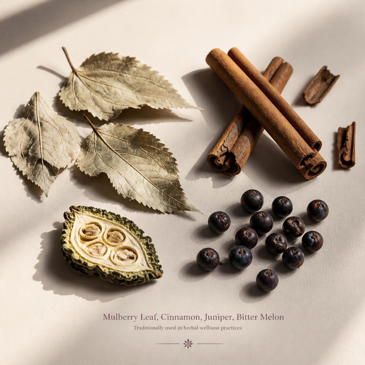 Mulberry leaves, cinnamon bark, juniper berries and bitter melon arranged on a cream surface